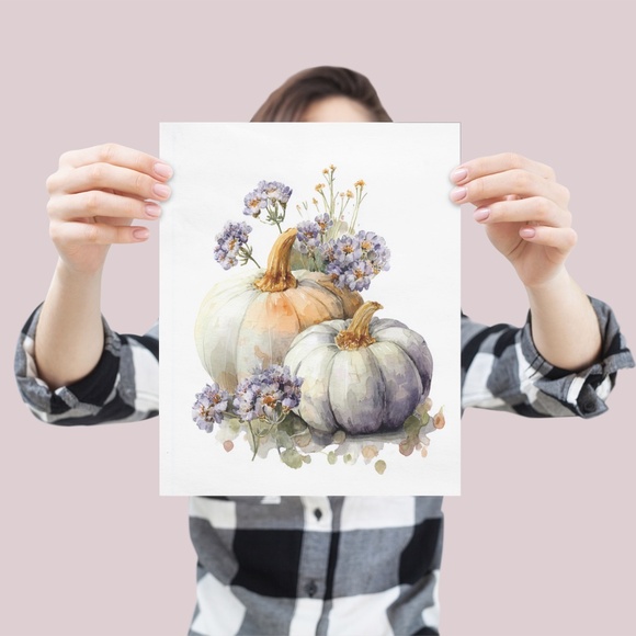 Watercolor Pumpkins with Flowers Wall Art Print Unframed - Cozy Autumn Elegance - Picture 4 of 6
